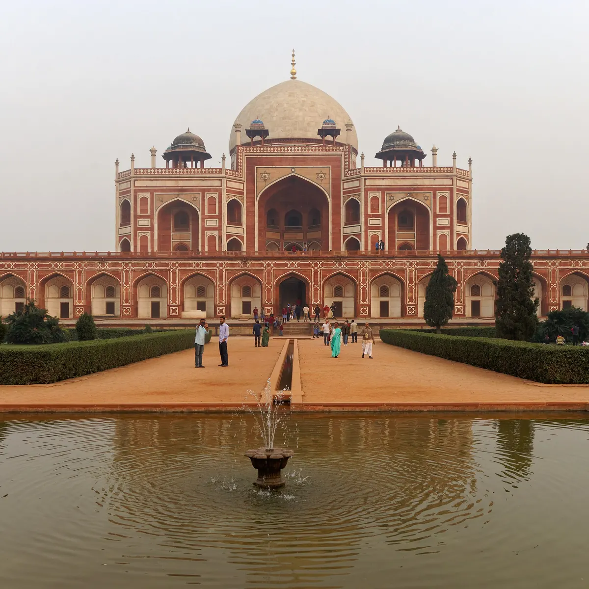 Humayun's Tomb reflected in its garden pool in Delhi