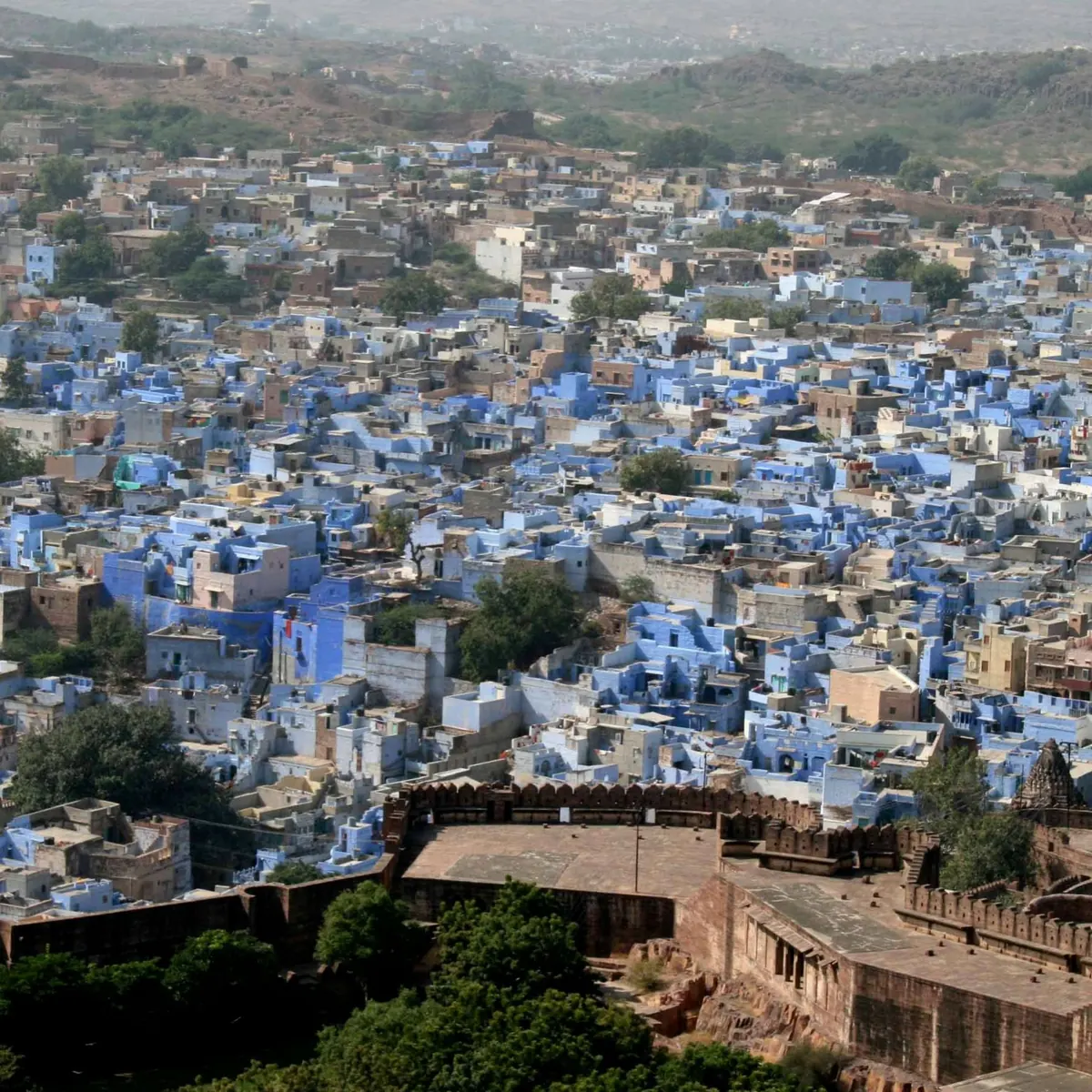 Blue-painted houses of Jodhpur viewed from Mehrangarh Fort