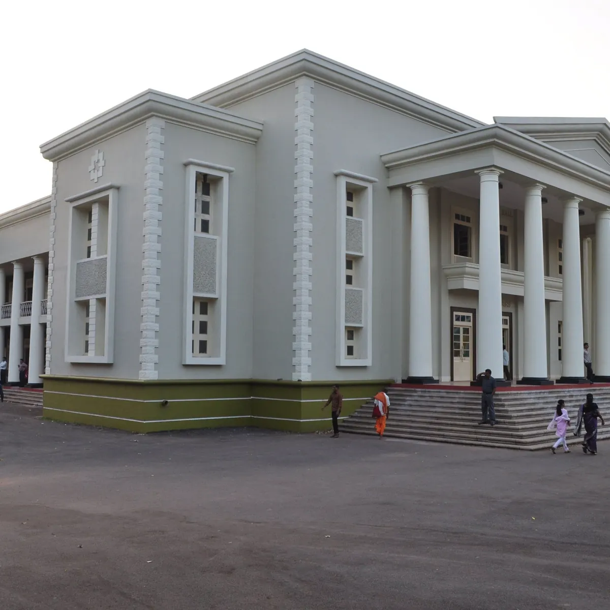 Columned white facade of Town Hall in Mangalore