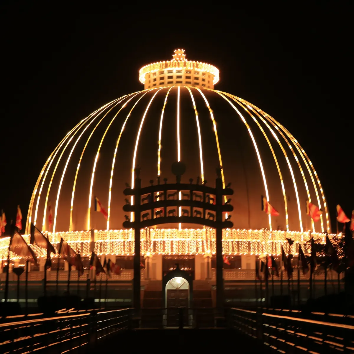 Illuminated dome of Deekshabhoomi at night in Nagpur