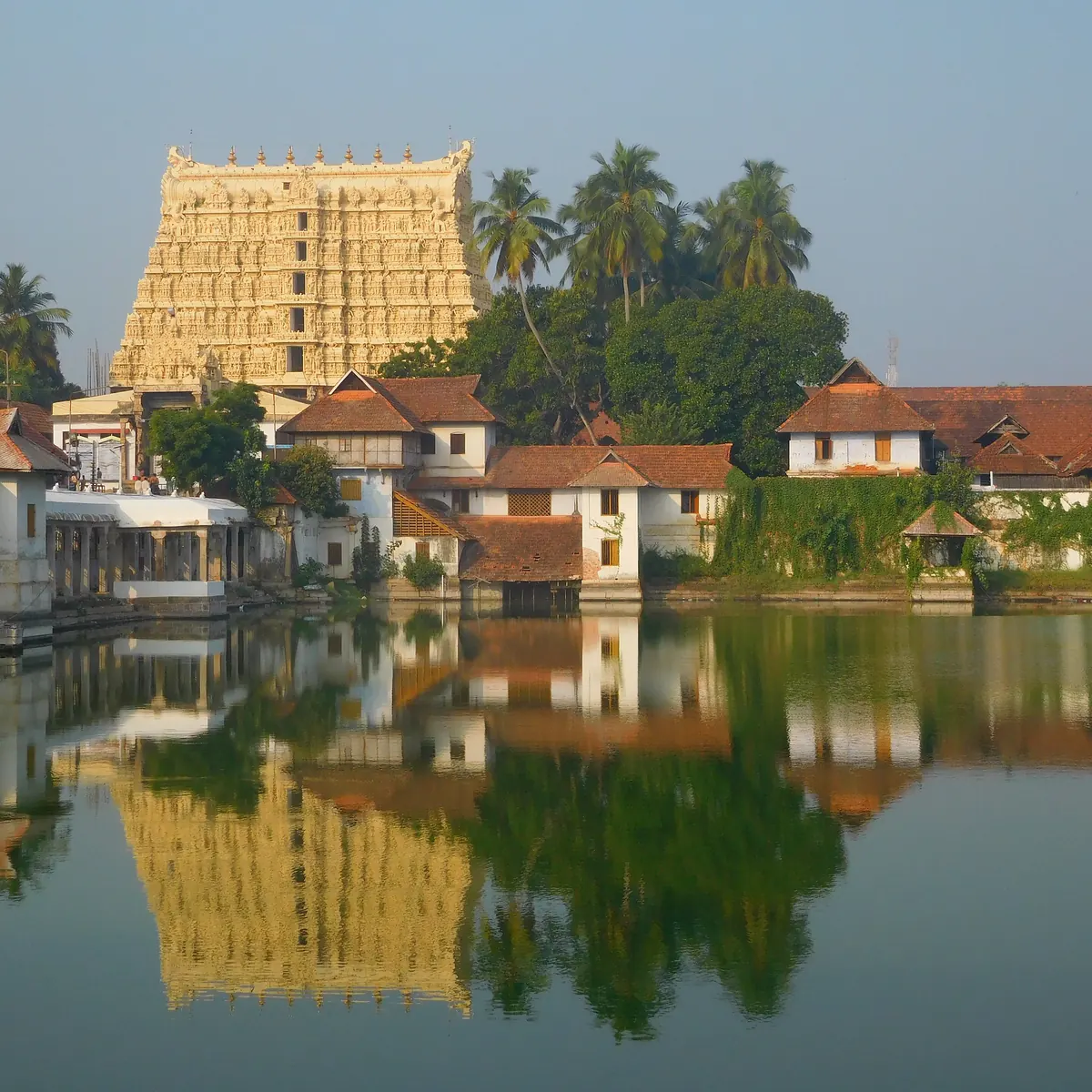 Padmanabhaswamy Temple tower reflected in the temple tank in Trivandrum